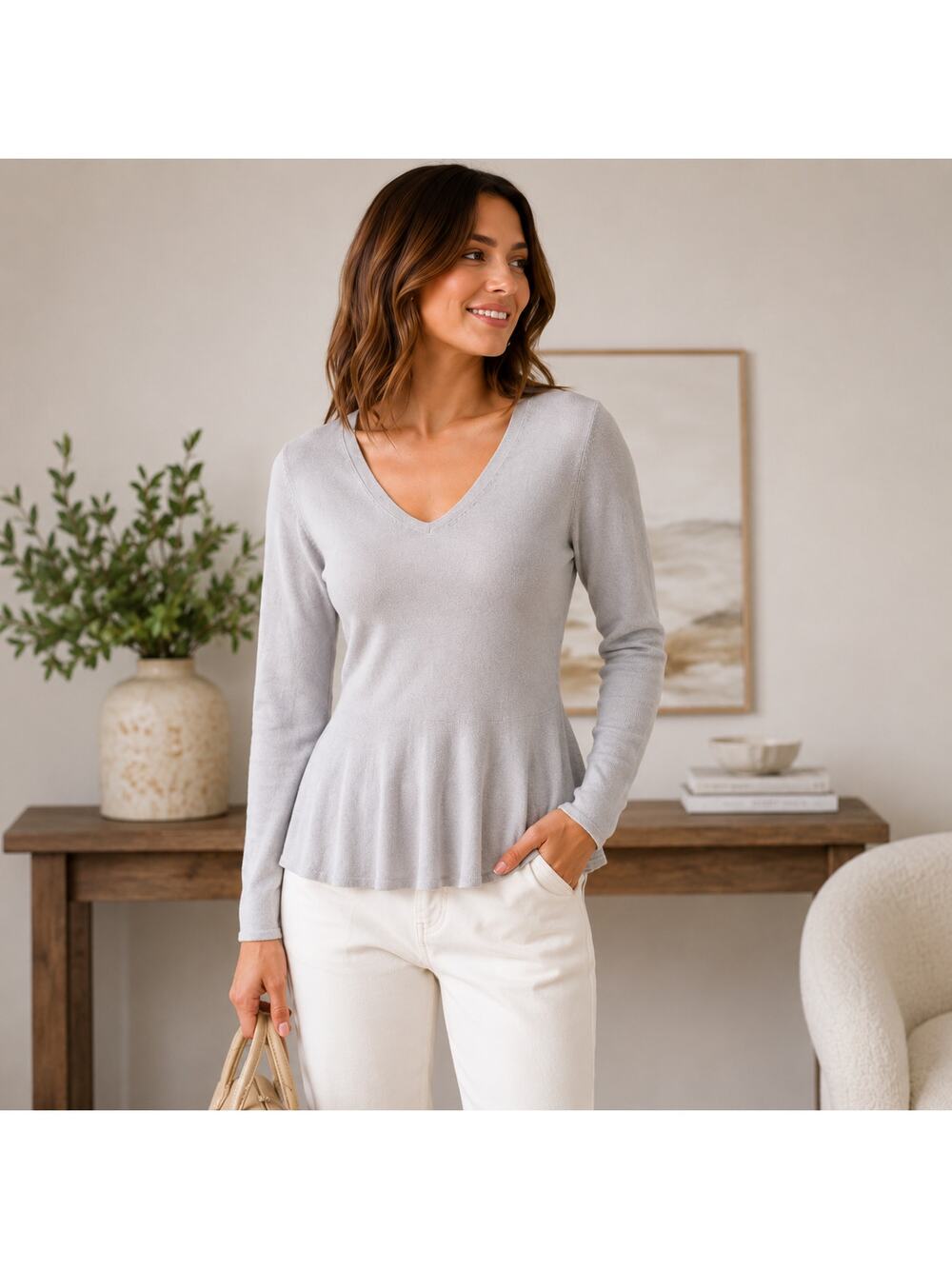 Classiques Entier SZ S 100% Cashmere Lightweight V-Neck Peplum Sweater Gray